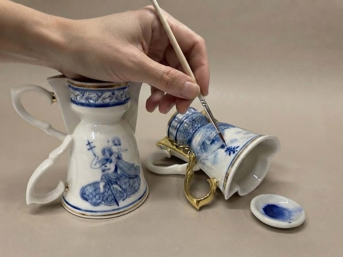 Keramikė plonu teptuku dekoruoja mėlynais ornamentais rankų darbo indą